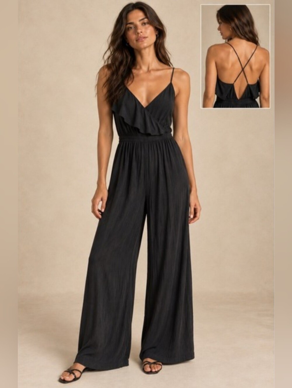Victoria's Secret Black Satin Wide Leg Ruffle Trim Jumpsuit Size XS